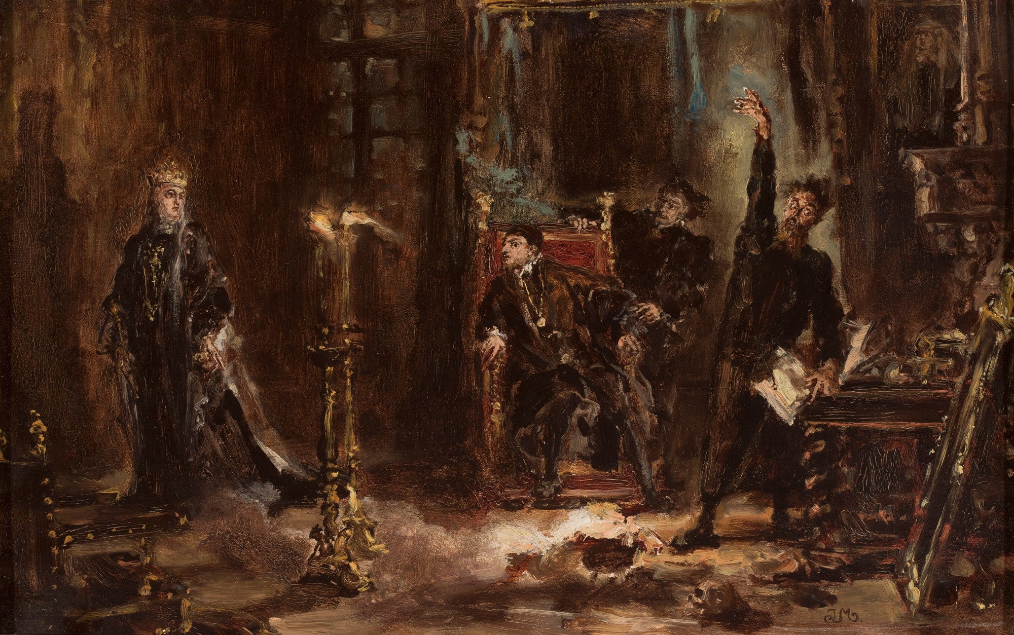 Pintura a óleo escura e dramática de Jan Matejko, mostrando várias figuras em um ambiente interno iluminado por uma única vela. Uma figura feminina coroada à esquerda, um homem sentado em um trono ao centro e outro homem gesticulando dramaticamente à direita, todos em tons de marrom e dourado.