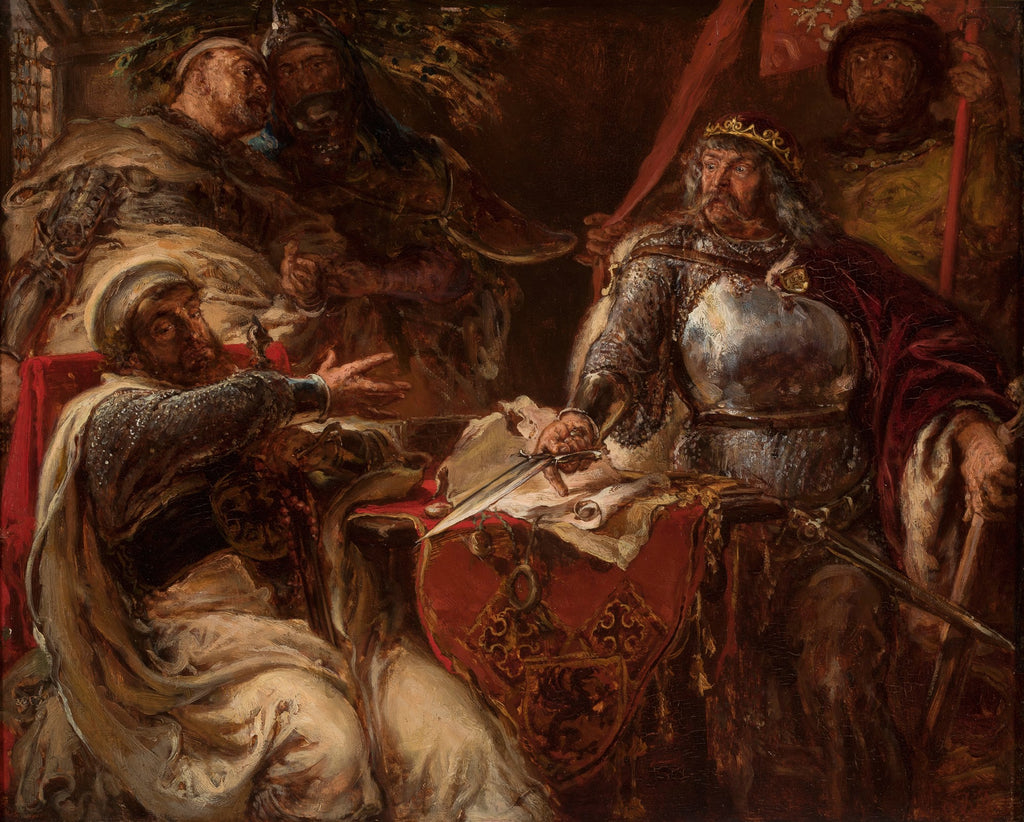 Pintura a óleo de Jan Matejko retratando uma cena histórica com múltiplos personagens em trajes medievais ou renascentistas, com um rei ou figura de autoridade segurando uma espada, enquanto outros interagem ao redor, com cores escuras e rica em detalhes.