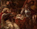 Pintura a óleo de Jan Matejko retratando uma cena histórica com múltiplos personagens em trajes medievais ou renascentistas, com um rei ou figura de autoridade segurando uma espada, enquanto outros interagem ao redor, com cores escuras e rica em detalhes.