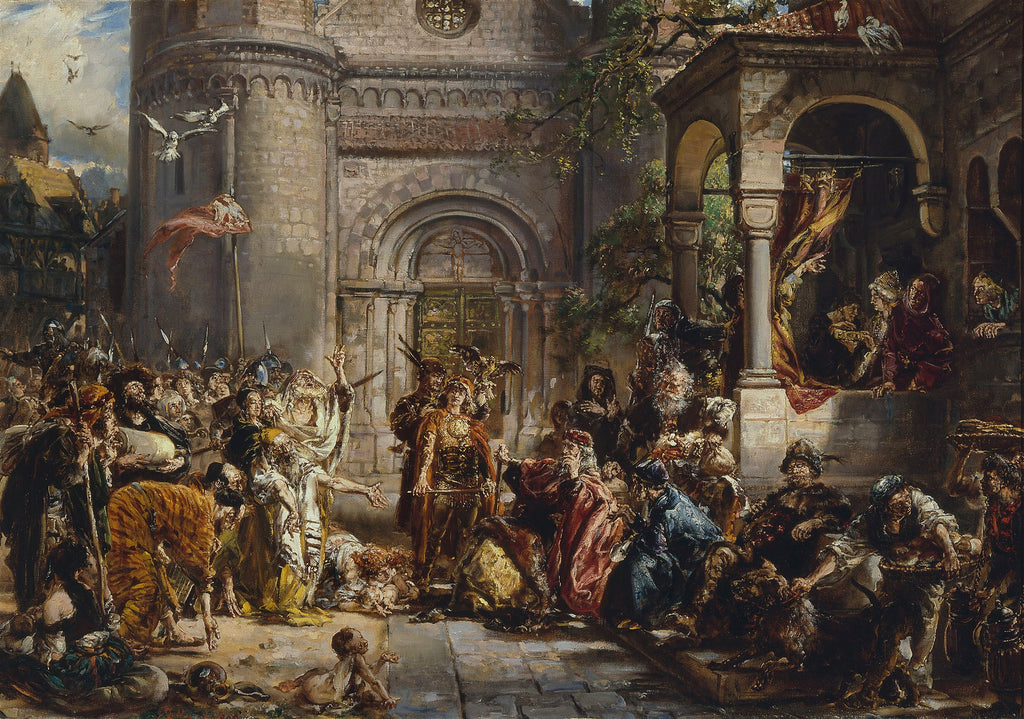 Pintura a óleo de Jan Matejko mostrando uma cena histórica com muitos personagens, incluindo monges e uma multidão, em frente a uma grande construção de pedra.