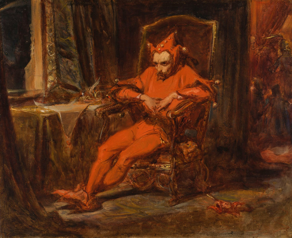 Pintura a óleo de Jan Matejko, Stańczyk, mostrando um bobo da corte melancólico em um traje vermelho sentado em uma poltrona escura, com um ambiente sombrio ao fundo.