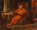 Pintura a óleo de Jan Matejko, Stańczyk, mostrando um bobo da corte melancólico em um traje vermelho sentado em uma poltrona escura, com um ambiente sombrio ao fundo.