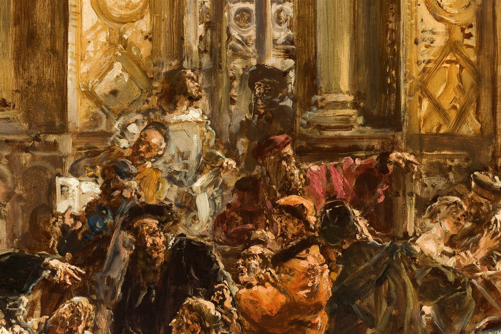 Pintura a óleo de Jan Matejko, detalhe de uma cena histórica com figuras em trajes de época, cores terrosas e douradas, pinceladas expressivas e textura rica. O foco está em um grupo de pessoas em um ambiente que remete a um interior grandioso, com colunas e arcos. A iluminação é dramática, realçando os rostos e gestos.