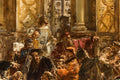 Pintura a óleo de Jan Matejko, detalhe de uma cena histórica com figuras em trajes de época, cores terrosas e douradas, pinceladas expressivas e textura rica. O foco está em um grupo de pessoas em um ambiente que remete a um interior grandioso, com colunas e arcos. A iluminação é dramática, realçando os rostos e gestos.
