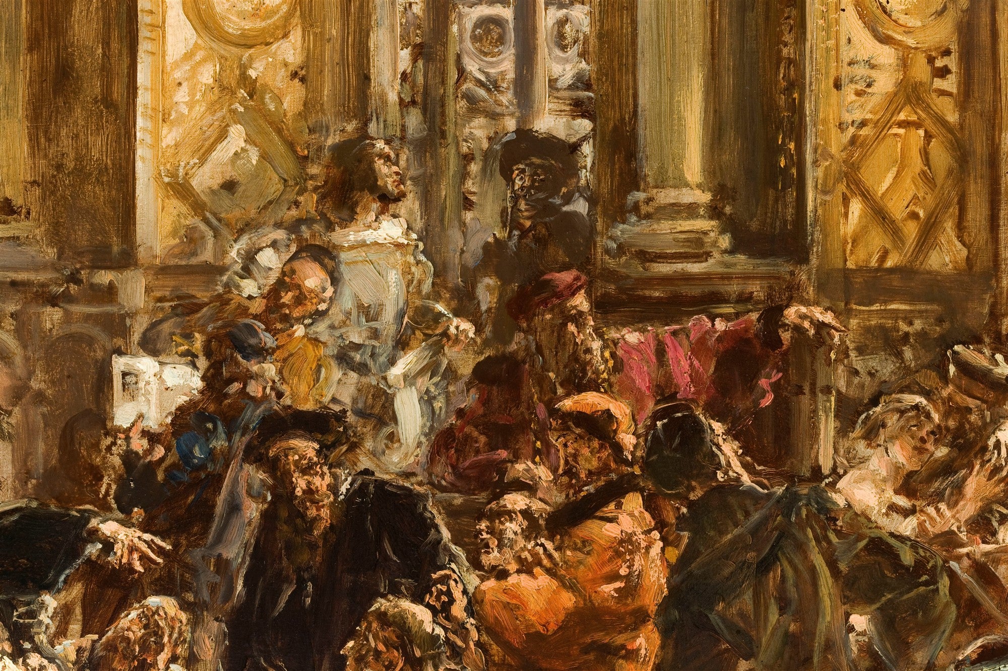 Pintura a óleo de Jan Matejko, detalhe de uma cena histórica com figuras em trajes de época, cores terrosas e douradas, pinceladas expressivas e textura rica. O foco está em um grupo de pessoas em um ambiente que remete a um interior grandioso, com colunas e arcos. A iluminação é dramática, realçando os rostos e gestos.