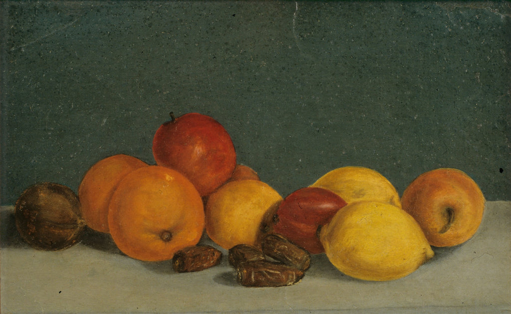 Quadro decorativo com natureza-morta de frutas, incluindo laranjas, limões, maçãs e tâmaras, dispostas sobre uma superfície clara com um fundo verde escuro. A pintura é atribuída a Jan Matejko e exibe uma paleta de cores quentes e terrosas.