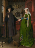 Quadro "O Retrato Arnolfini" de Jan van Eyck, mostrando um casal em um ambiente doméstico ricamente detalhado, com um homem de chapéu e uma mulher de vestido verde, de mãos dadas, e um cachorro pequeno no chão.