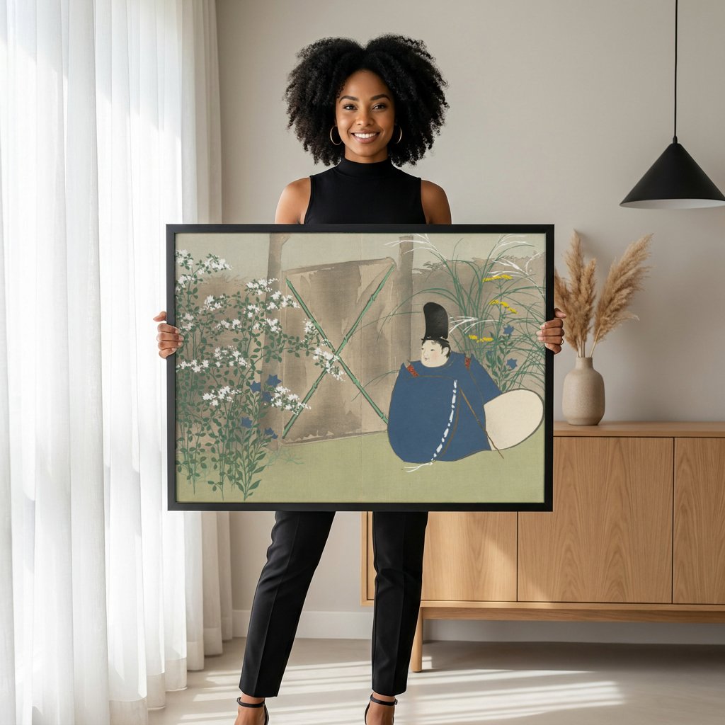 Quadro Decorativo Figura Japonesa em Jardim - Kamisaka Sekka com modelo em ambiente