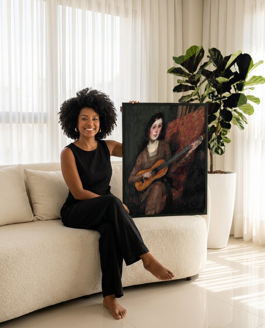 Quadro Decorativo A Guitarrista - James Jebusa Shannon com modelo em ambiente
