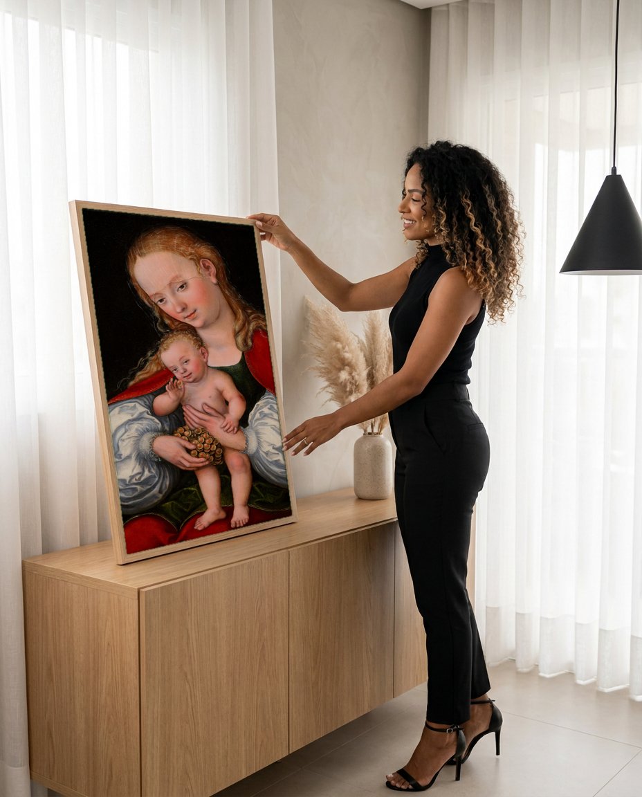 Quadro Decorativo Madona com o Menino Jesus - Lucas Cranach com modelo em ambiente