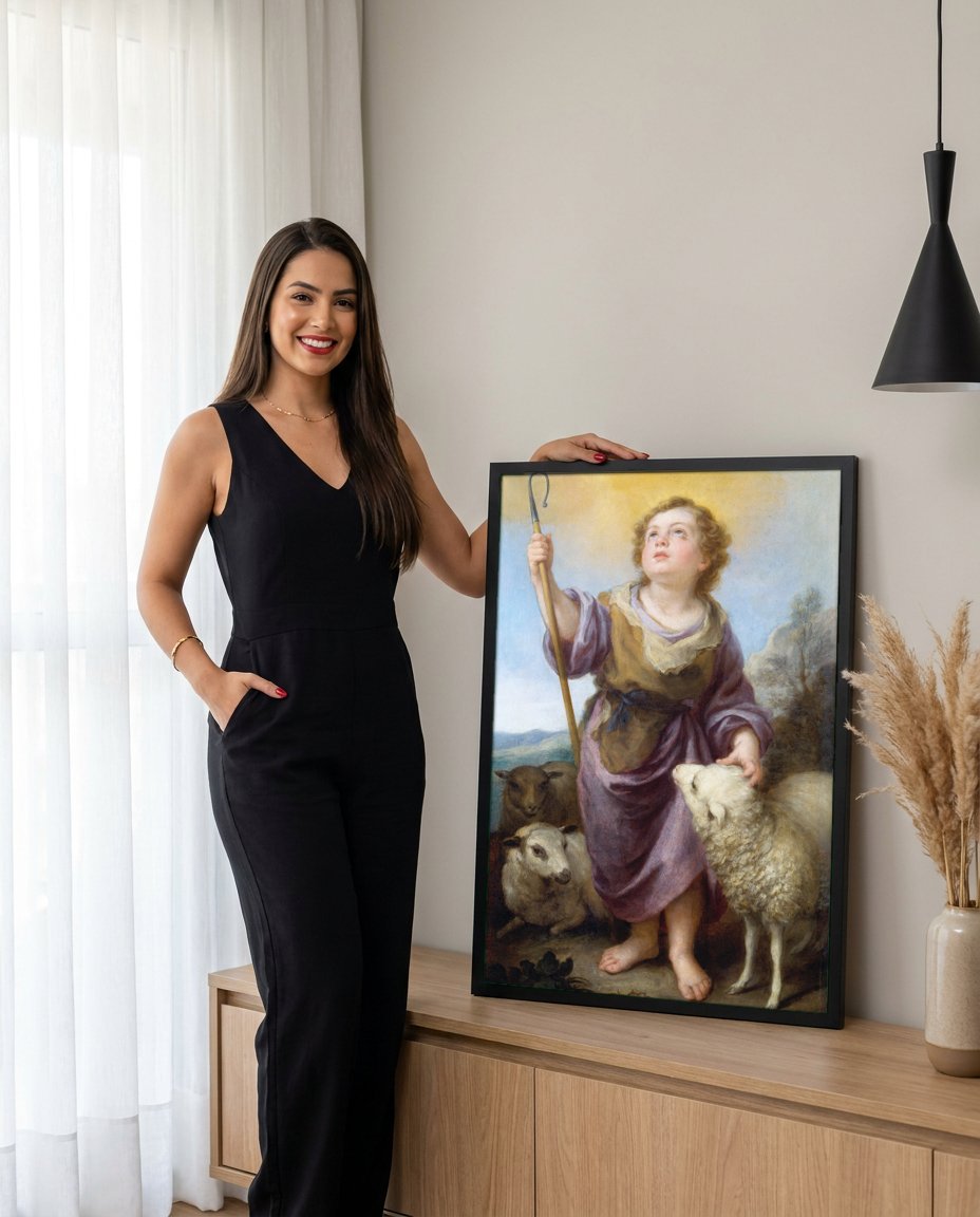 Quadro Decorativo O Bom Pastor (Menino Jesus) - Murillo com modelo em ambiente