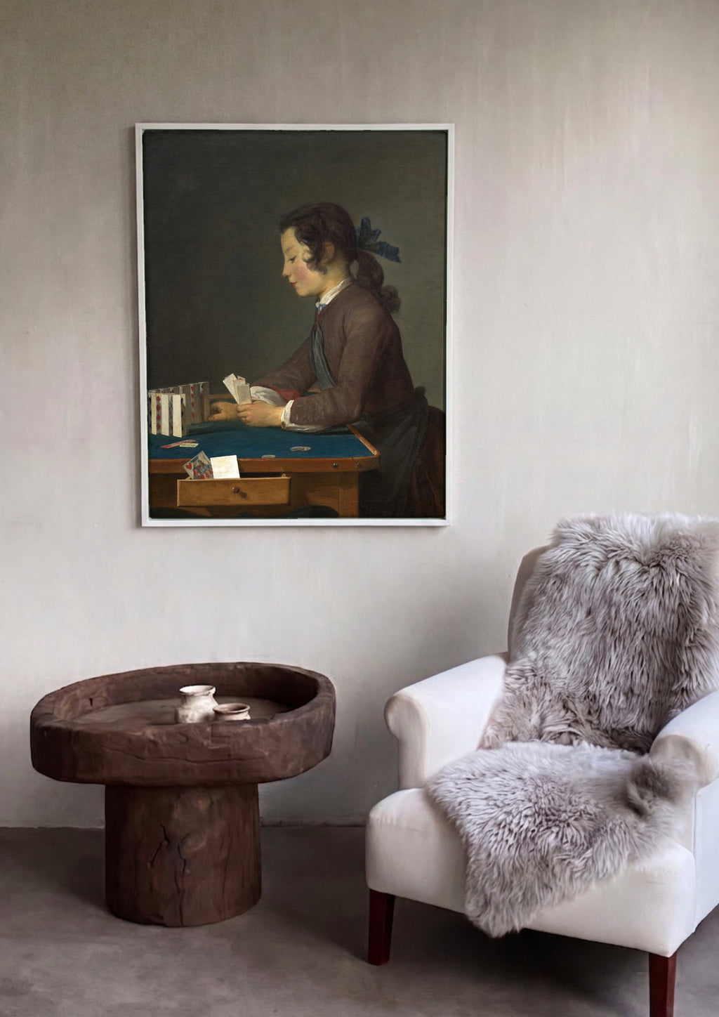 Quadro Decorativo O Castelo de Cartas - Jean Siméon Chardin em ambiente decorado