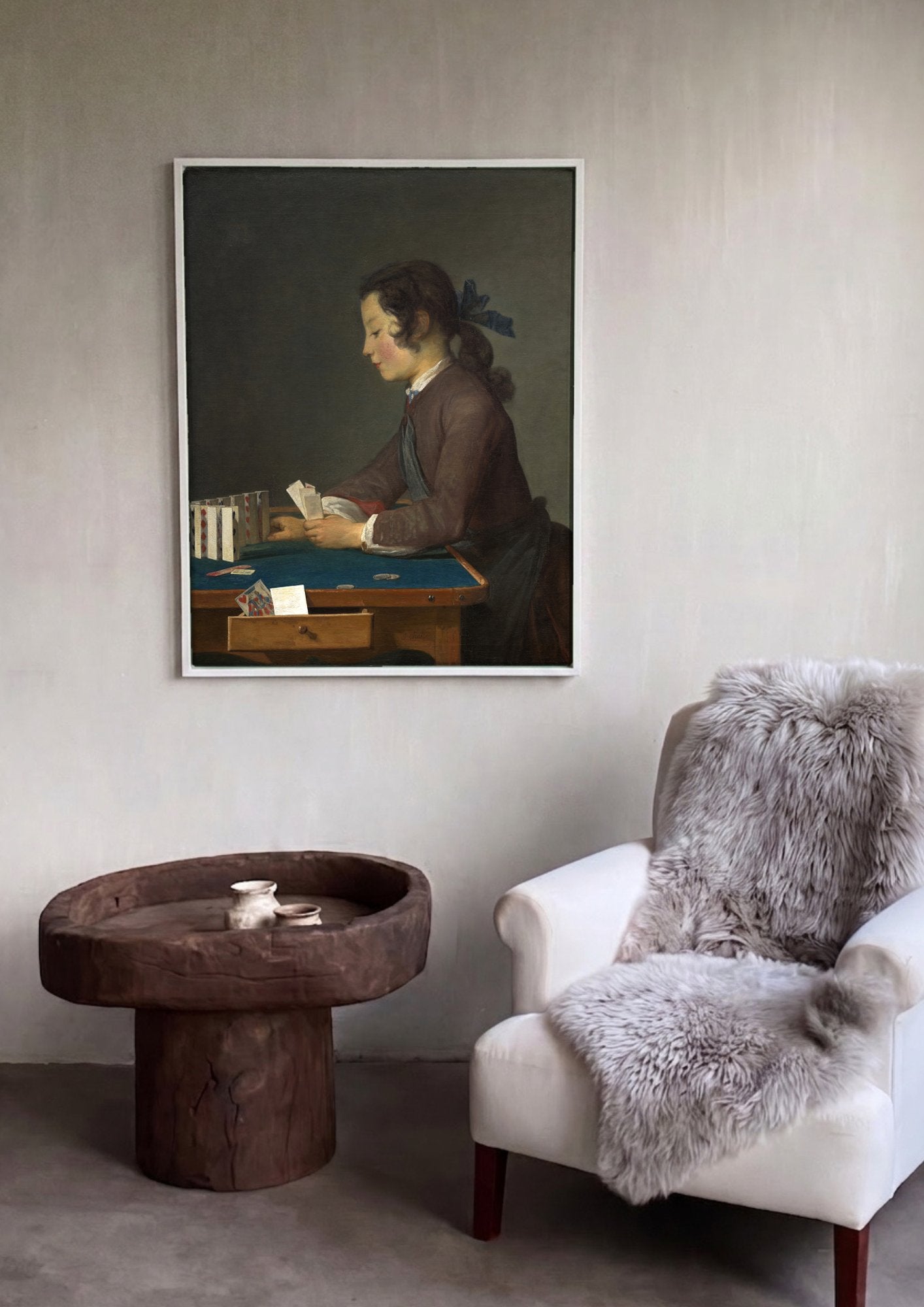 Quadro Decorativo O Castelo de Cartas - Jean Siméon Chardin em ambiente decorado