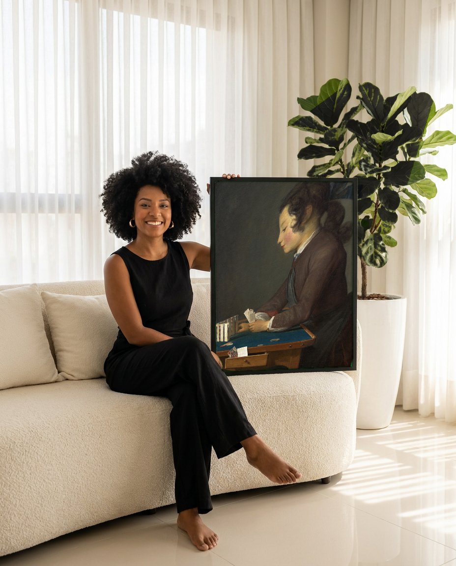Quadro Decorativo O Castelo de Cartas - Jean Siméon Chardin com modelo em ambiente