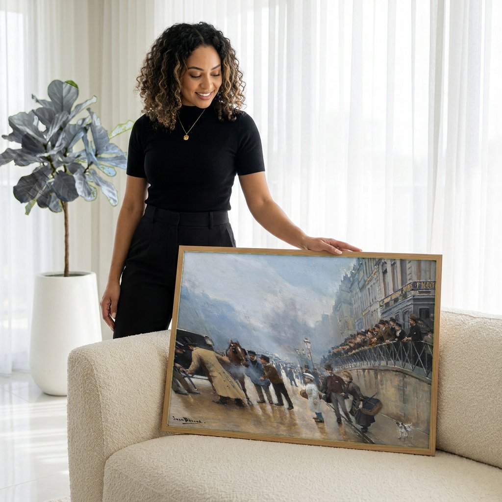 Quadro Decorativo Cena Urbana Chuvosa - Jean Béraud com modelo em ambiente