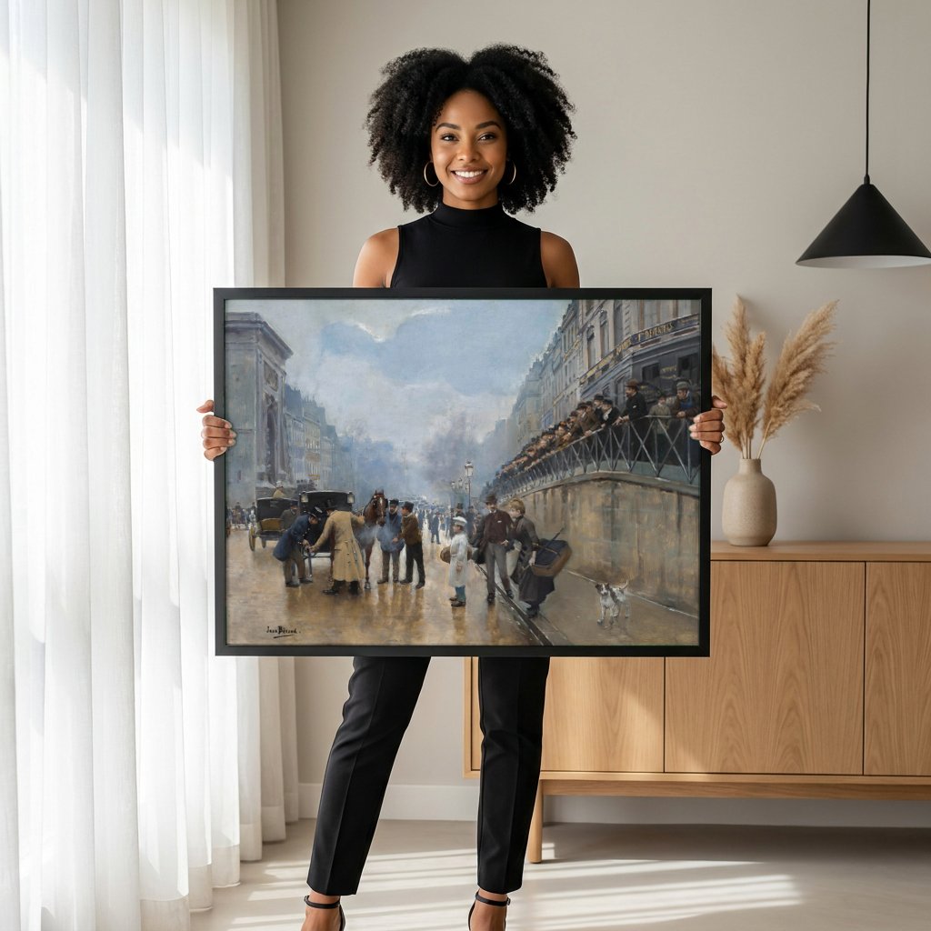 Quadro Decorativo Cena Urbana Chuvosa - Jean Béraud com modelo em ambiente
