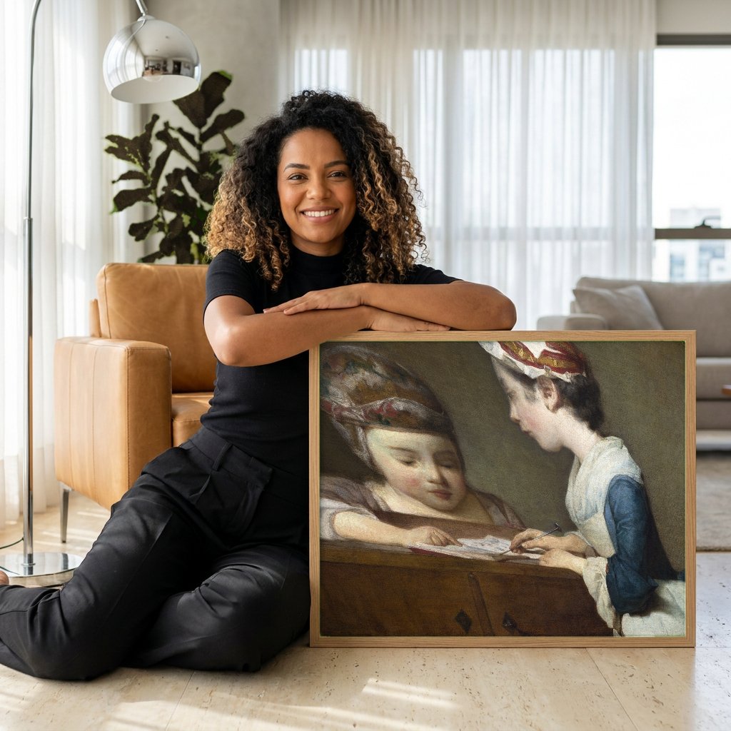 Quadro Decorativo A Jovem Professora - Jean Siméon Chardin com modelo em ambiente