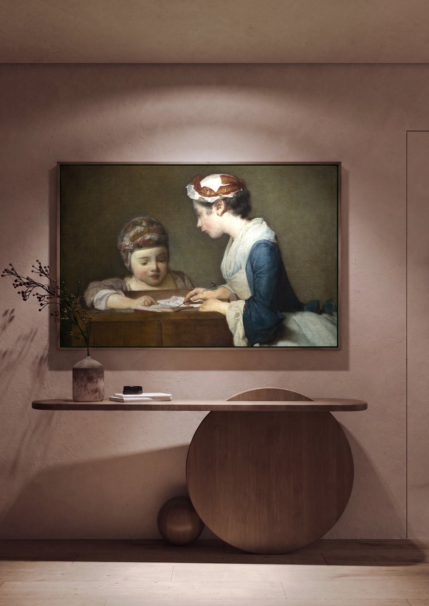 Quadro Decorativo A Jovem Professora - Jean Siméon Chardin em ambiente decorado