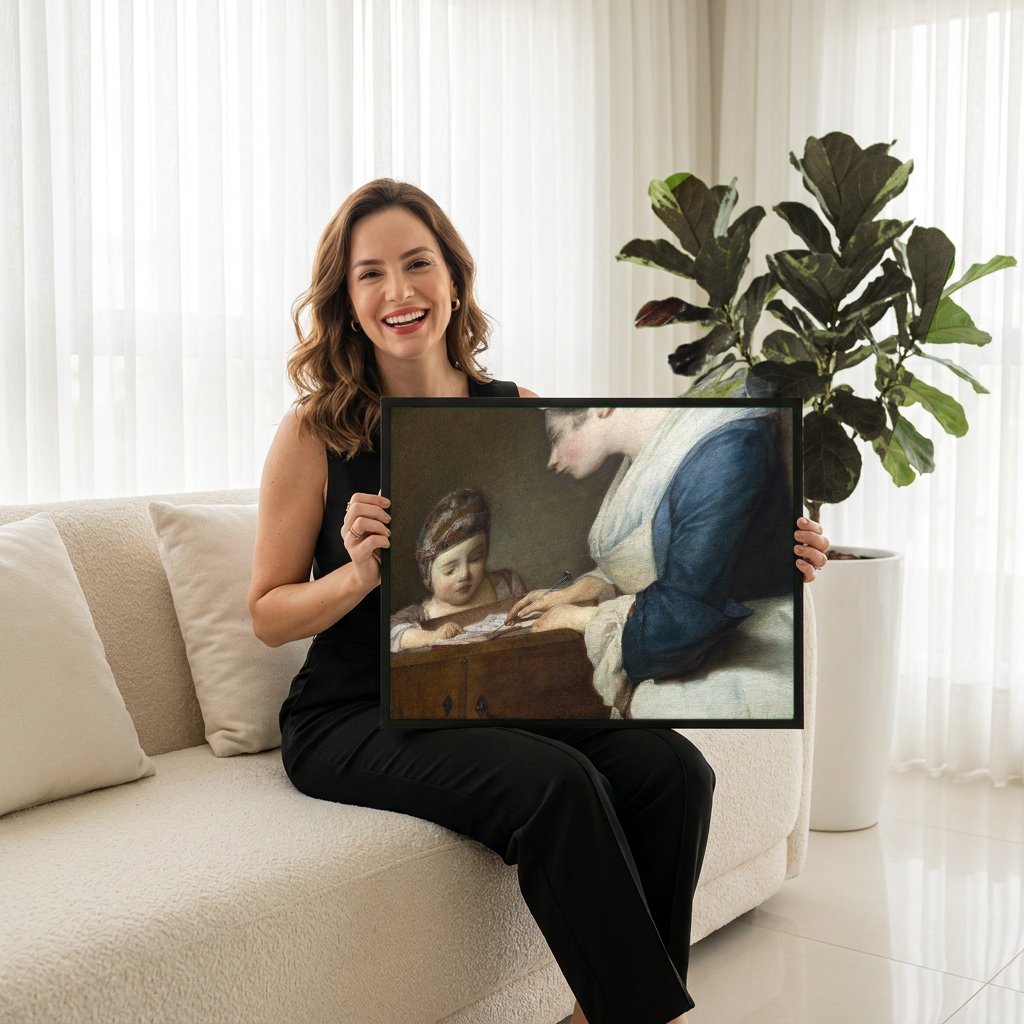 Quadro Decorativo A Jovem Professora - Jean Siméon Chardin com modelo em ambiente