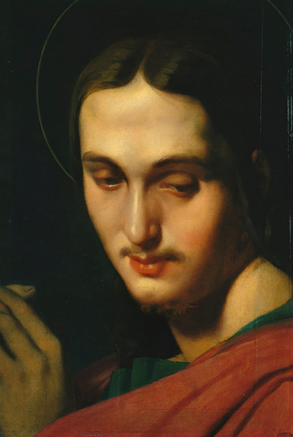 Retrato de Jesus Cristo, de Jean-Auguste Dominique Ingres, com auréola sutil, olhar baixo e expressão serena, em tons terrosos e escuros, em estilo neoclássico.