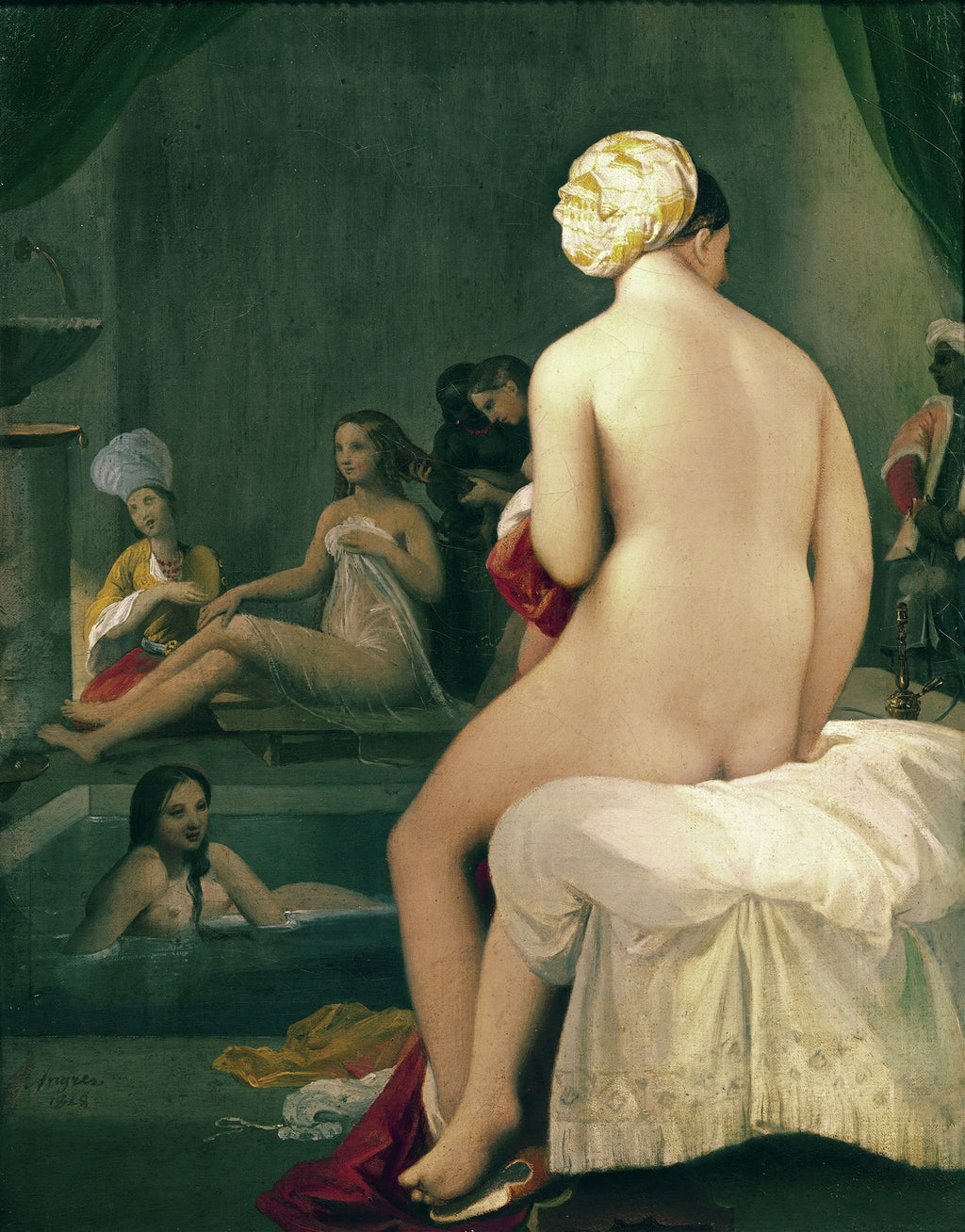 Pintura 'O Banho Turco' de Jean-Auguste Dominique Ingres, retratando múltiplas mulheres nuas em um ambiente de harém ou banho, com uma figura central de costas para o espectador, usando um turbante.