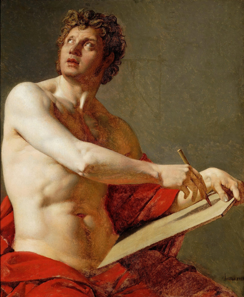 Quadro decorativo com pintura de Jean-Auguste Ingres, um homem de cabelos cacheados e pele clara, sem camisa, enrolado em um tecido vermelho, olhando para cima com expressão de inspiração enquanto escreve em um caderno.