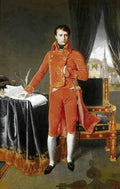 Retrato de corpo inteiro de Napoleão Bonaparte em traje de gala vermelho e dourado, com uma espada, ao lado de uma mesa e uma janela com vista para uma cidade, pintado por Jean-Auguste-Dominique Ingres.