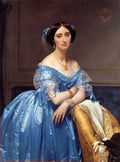 Retrato de mulher, Princesa de Broglie, vestindo um suntuoso vestido azul acetinado, joias douradas e pérolas, sentada em um sofá, com um olhar sereno e elegante, obra de Jean-Auguste Dominique Ingres.