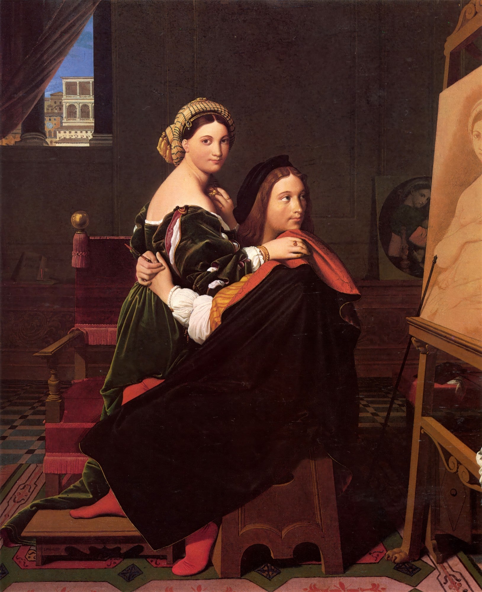 Quadro de Jean-Auguste Dominique Ingres retratando o rei Francisco I com uma mulher, La Belle Ferronnière. Ela está sentada no colo dele, ambos olhando para o espectador, em um cenário de estúdio de artista com um cavalete. A mulher veste um vestido verde escuro e turbante, o homem um traje escuro com detalhes vermelhos. Cores ricas e sombrias predominam.