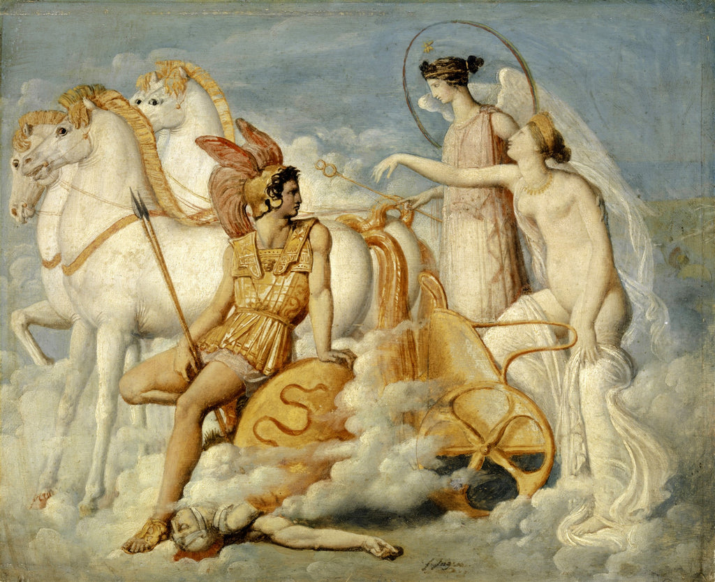 Quadro decorativo 'A Cólera de Aquiles' de Jean-Auguste Dominique Ingres. A pintura retrata figuras mitológicas em nuvens, com um guerreiro em armadura dourada, cavalos brancos e deuses observando uma cena dramática.