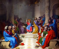 Pintura de Jean-Auguste-Dominique Ingres, 'Jesus entre os Doutores', retratando Jesus criança no templo, cercado por sábios, com uma auréola dourada e vestes vibrantes, apontando para cima. Os sábios e outras figuras adultas expressam surpresa e admiração, em um interior de templo com colunas e arcos. A luz ilumina o centro da cena.