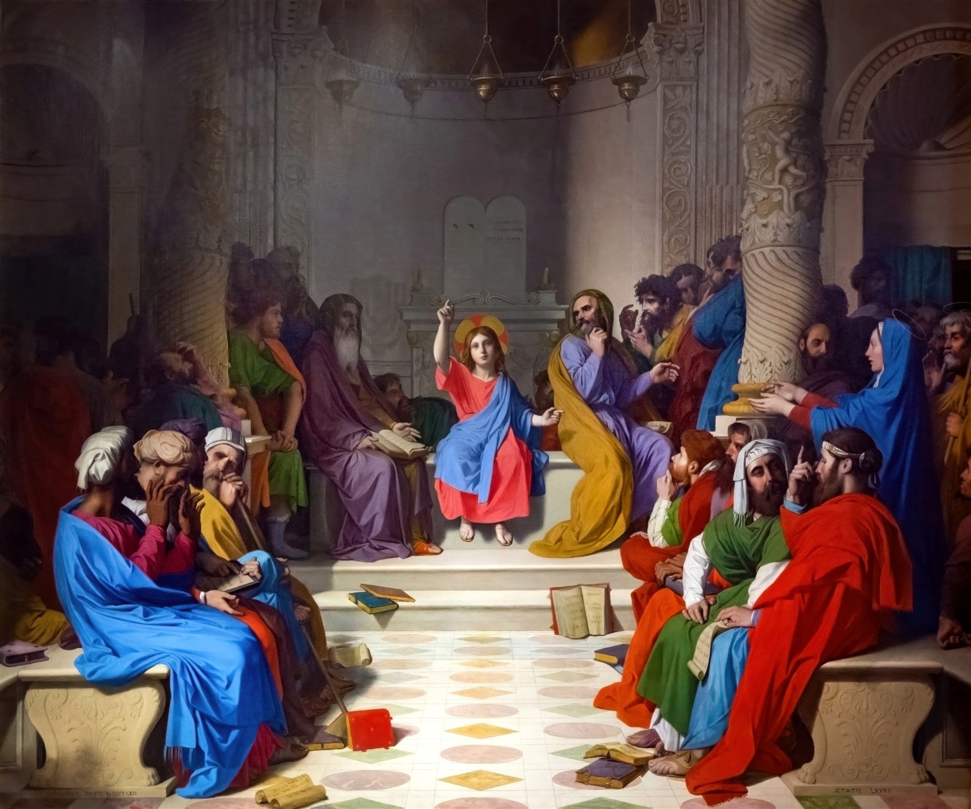 Pintura de Jean-Auguste-Dominique Ingres, 'Jesus entre os Doutores', retratando Jesus criança no templo, cercado por sábios, com uma auréola dourada e vestes vibrantes, apontando para cima. Os sábios e outras figuras adultas expressam surpresa e admiração, em um interior de templo com colunas e arcos. A luz ilumina o centro da cena.
