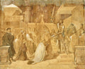 Quadro decorativo 'A Investidura de São Fernando' de Jean-Auguste Dominique Ingres, representando uma cerimônia religiosa com figuras históricas em trajes de época, com um cavaleiro ajoelhado e um bispo, em tons sépia e aquarela.