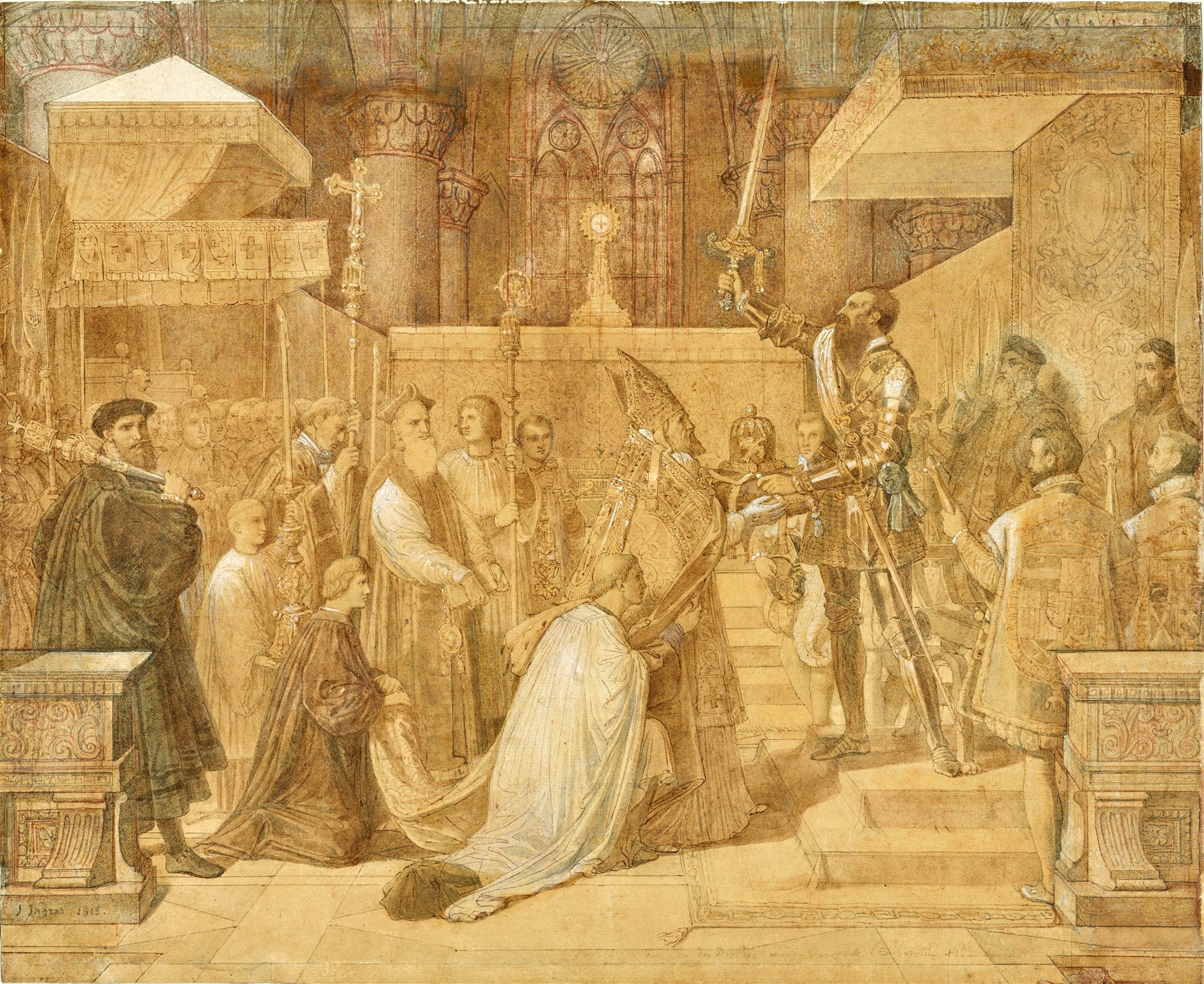 Quadro decorativo 'A Investidura de São Fernando' de Jean-Auguste Dominique Ingres, representando uma cerimônia religiosa com figuras históricas em trajes de época, com um cavaleiro ajoelhado e um bispo, em tons sépia e aquarela.