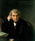 Retrato clássico de Luigi Cherubini, um homem de cabelos grisalhos e encaracolados, vestindo um casaco escuro e colarinho branco, apoiando a cabeça na mão, com livros e uma pena ao lado. Obra de Ingres de 1841.