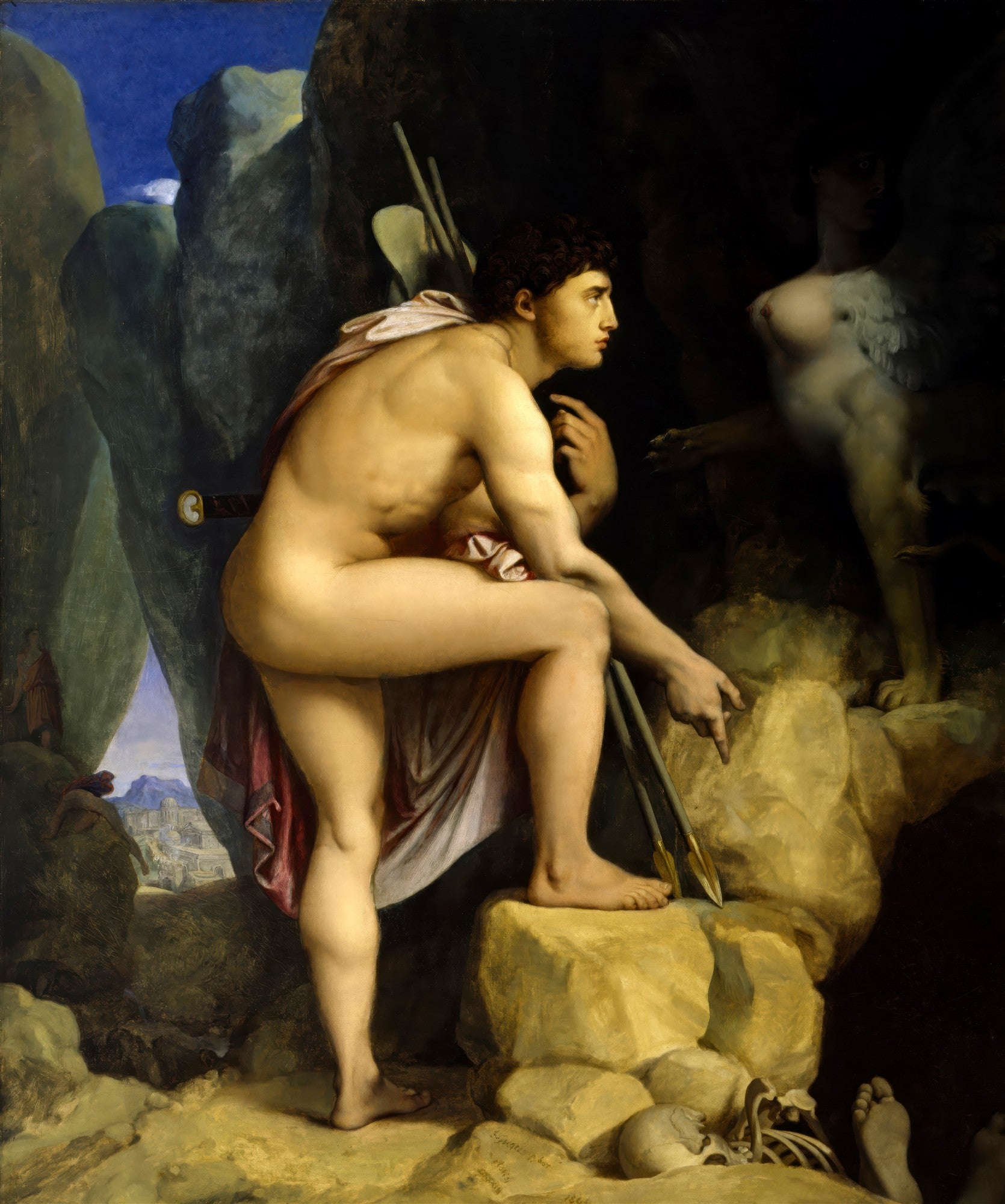 Quadro decorativo mostrando Édipo nu, pensativo, diante da Esfinge em uma caverna escura. Ingres, Neoclassicismo.