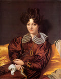 Retrato de Madame Rivière, obra de Jean-Auguste Dominique Ingres. Uma mulher com penteado elaborado, vestido de seda marrom-avermelhada, colar e joias, sentada em um sofá amarelo. A imagem transmite uma sensação de elegância e serenidade, com atenção aos detalhes dos tecidos e da expressão facial.