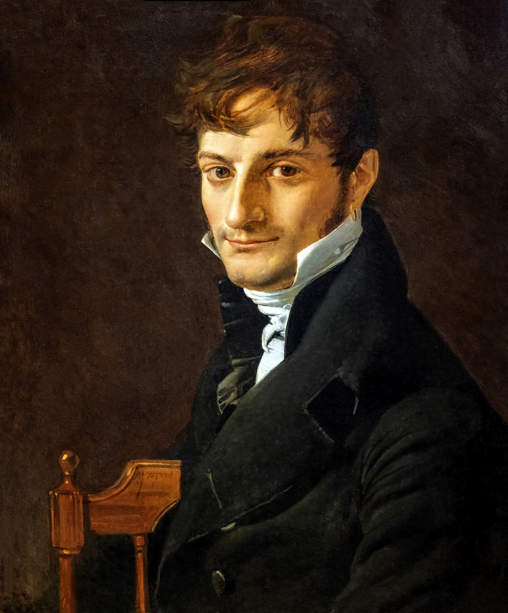 Retrato de Joseph-Antoine Moltedo por Jean-Auguste-Dominique Ingres, um homem jovem com cabelo escuro e camisa branca, olhar penetrante e sério, em um fundo escuro