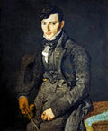Retrato de um homem de meia-idade, com cabelos escuros e olhar penetrante, vestindo terno escuro e camisa branca com gola alta, sentado em uma cadeira estofada contra um fundo escuro. É Jean-Auguste-Dominique Ingres, Monsieur Bertin.