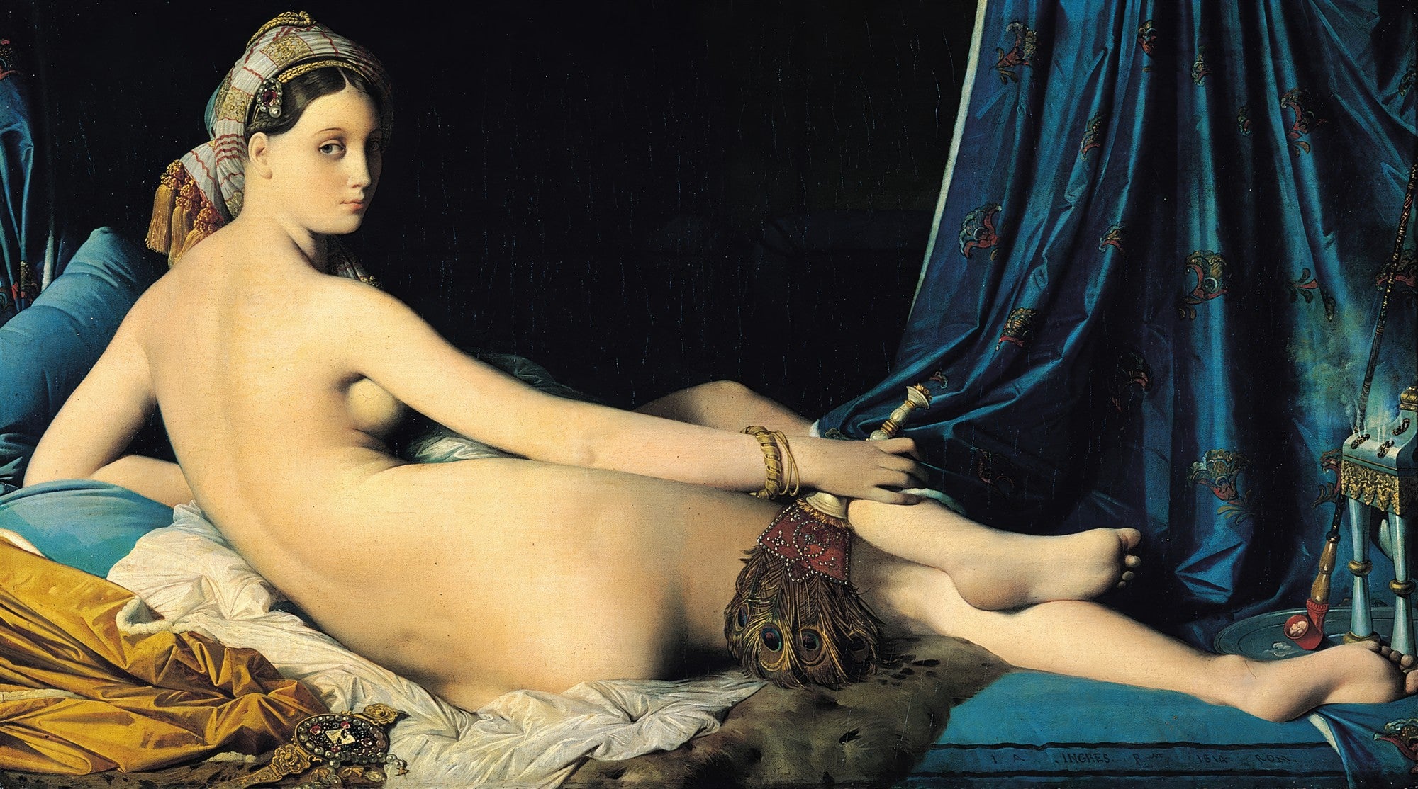 Quadro da Grande Odalisca de Ingres, mulher nua reclinada com turbante e joias em ambiente oriental