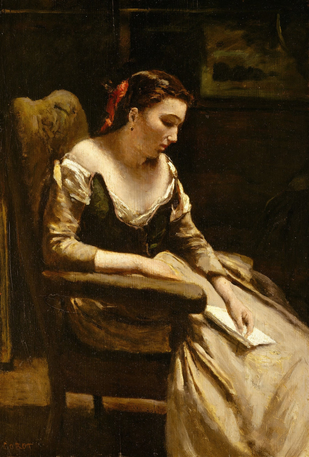 Pintura de Jean-Baptiste Camille Corot, 'A Leitora', retratando uma mulher jovem sentada em uma poltrona, lendo um livro, em um ambiente escuro com luz suave. Ela usa um vestido de época e um laço vermelho no cabelo.