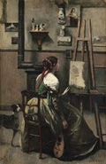 Quadro decorativo mostrando uma mulher sentada de costas para o observador, pintando em um cavalete dentro de um ateliê. Um cachorro preto e branco a observa. Há um bandolim no chão ao lado dela, e a parede está decorada com pequenas obras de arte e esculturas. A luz é suave e os tons são predominantemente terrosos e escuros, com um toque de vermelho nas fitas do cabelo da artista.