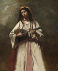 Quadro decorativo com pintura de Jean-Baptiste Camille Corot, 'A Cigana com Bandolim'. Retrata uma mulher de cabelos escuros e vestes claras segurando um bandolim, com expressão melancólica, em um fundo escuro e terroso.
