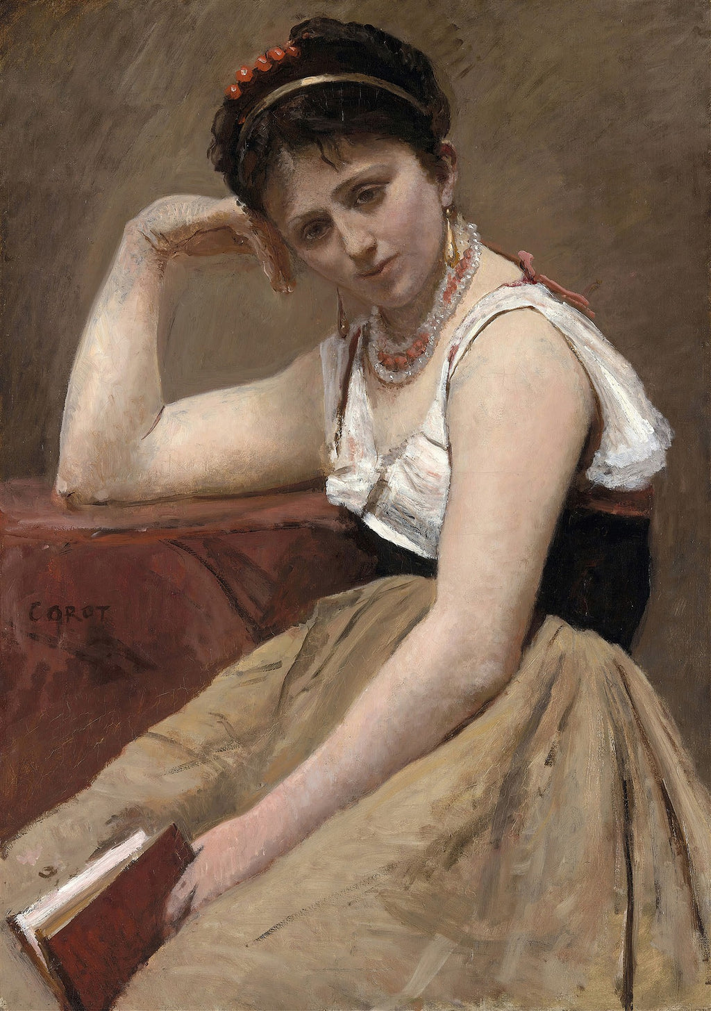Pintura a óleo de Jean-Baptiste Camille Corot, 'A Leitora', retratando uma mulher sentada, com um livro, em pose pensativa e elegante. A paleta de cores é sóbria, com tons terrosos e detalhes em vermelho coral.