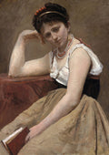 Pintura a óleo de Jean-Baptiste Camille Corot, 'A Leitora', retratando uma mulher sentada, com um livro, em pose pensativa e elegante. A paleta de cores é sóbria, com tons terrosos e detalhes em vermelho coral.