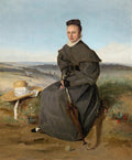 Quadro decorativo com uma pintura de Jean-Baptiste Camille Corot, A Mulher com o Guarda-chuva. Retrata uma mulher sentada em um campo com um guarda-chuva e um chapéu de palha ao lado, em tons suaves de cinza e verde sob um céu azul claro.