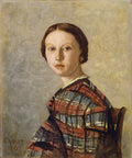 Retrato de uma jovem mulher com cabelo castanho e um vestido xadrez vermelho e azul, pintado por Jean-Baptiste Camille Corot em 1859, em estilo realista