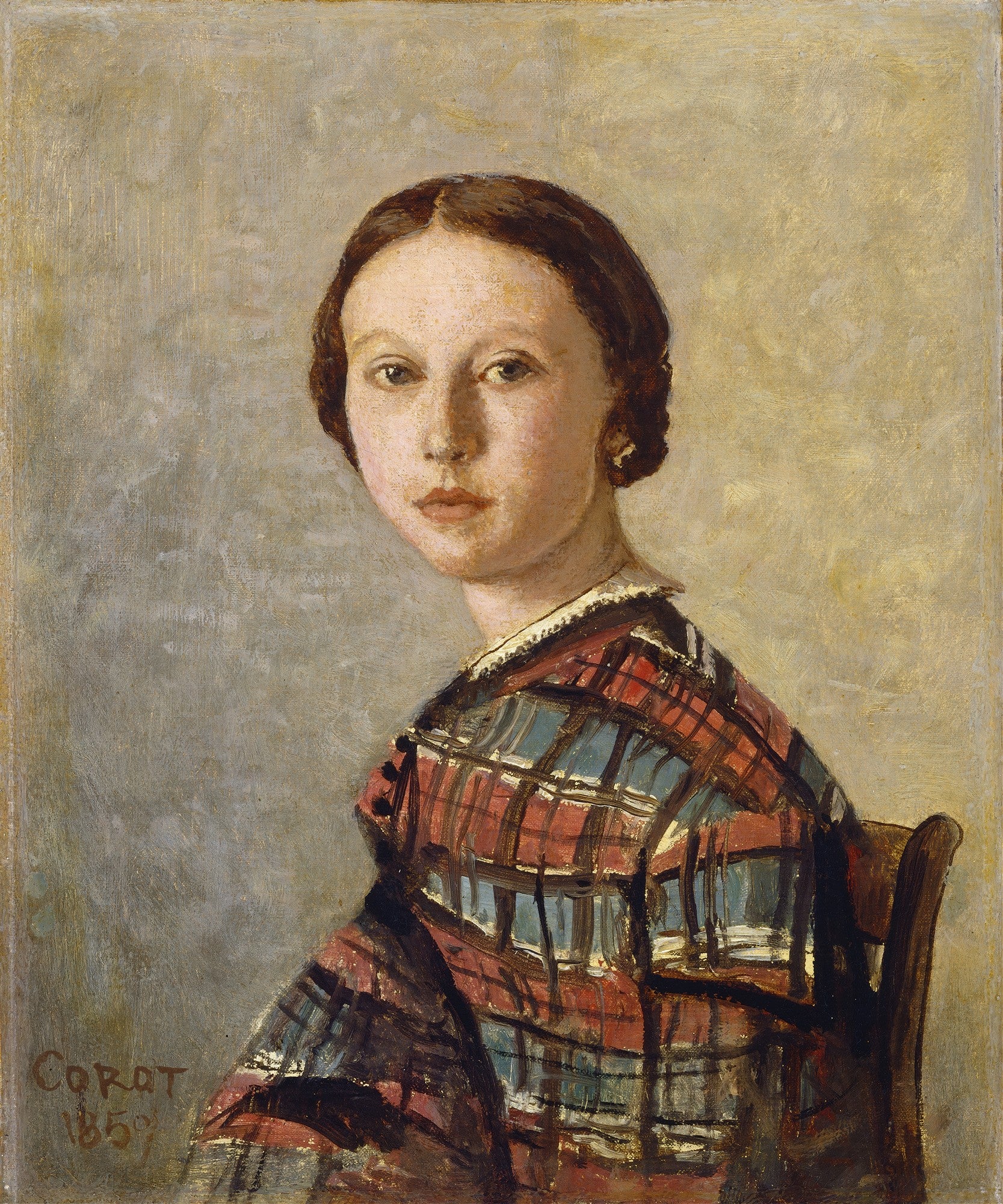 Retrato de uma jovem mulher com cabelo castanho e um vestido xadrez vermelho e azul, pintado por Jean-Baptiste Camille Corot em 1859, em estilo realista