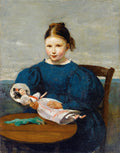 Quadro decorativo 'A Menina e sua Boneca' de Jean-Baptiste Camille Corot, mostrando uma menina de vestido azul segurando uma boneca, com fundo neutro e pinceladas suaves.