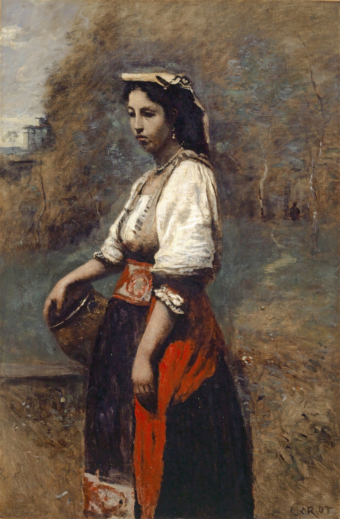 Quadro decorativo com pintura de uma mulher morena em pé, vestindo roupas camponesas, com um lenço na cabeça e segurando um objeto em uma das mãos. O fundo é uma paisagem em tons terrosos e escuros.